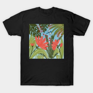 Jungle flowers with blue dragonfly T-Shirt